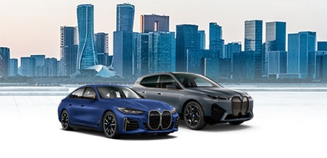 Two BMW Electrified-Performance M vehicles parked parallel to each other in front of a city skyline.